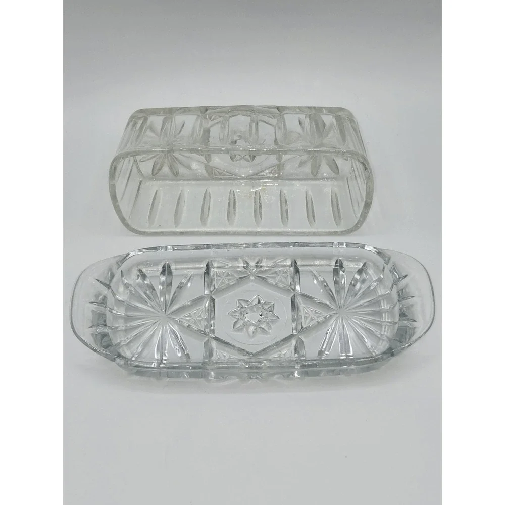 Vintage Pressed Glass Butter Dish With Lid Starburst Pattern Clear‎ Rectangle